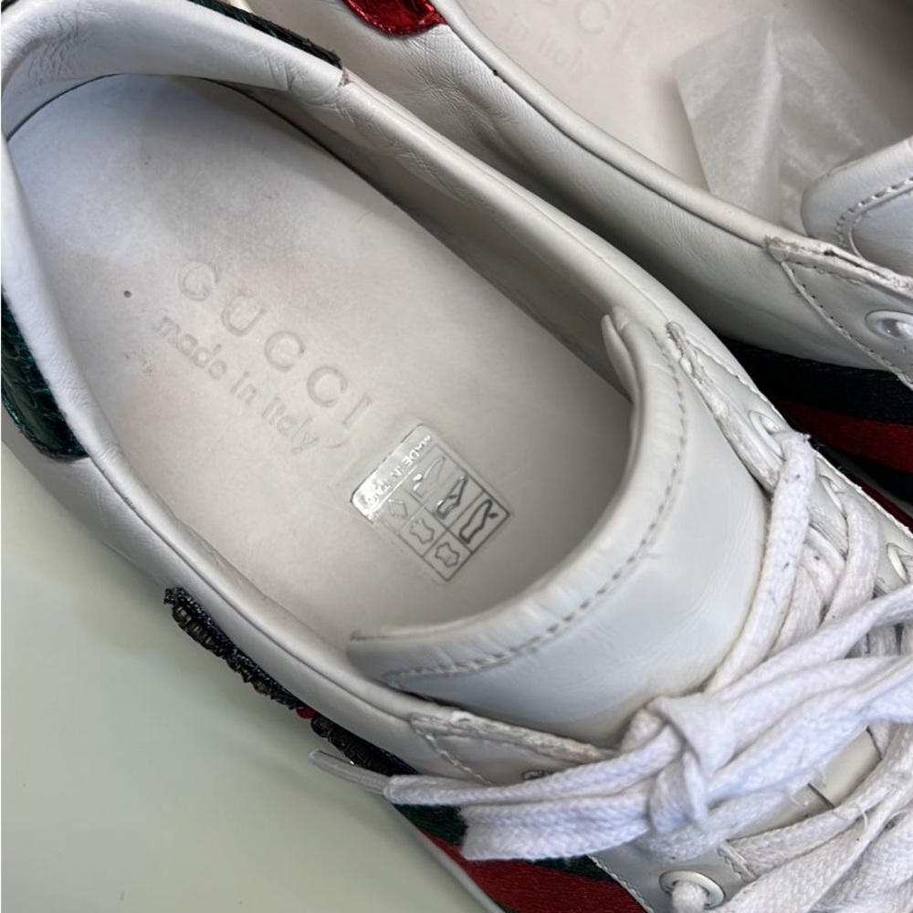 Gucci White Leather Sneakers with Green & Red Web and Embellished Bee size 7 - Picture 7 of 10